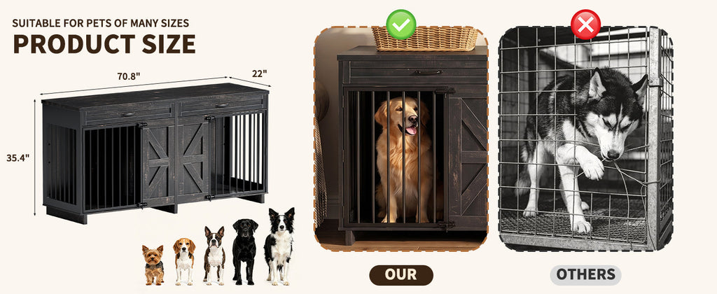 Wood & Metal Dog Crate Furniture TV Stand with Storage - Barn Door Design