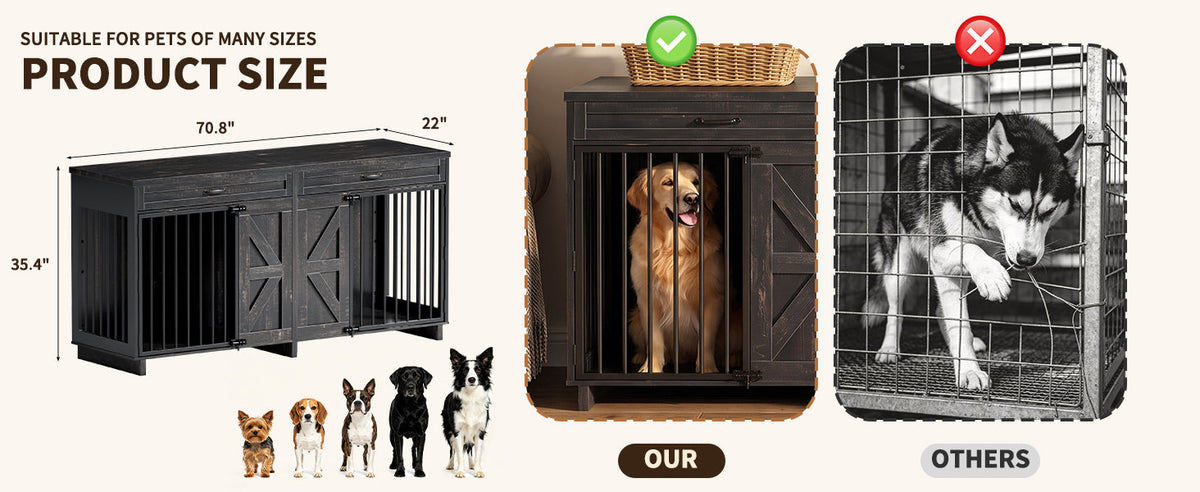 Wood & Metal Dog Crate Furniture TV Stand with Storage - Barn Door Design