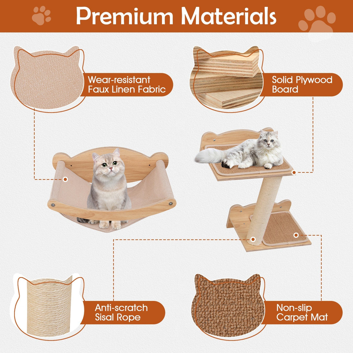 Cat Wall Furniture Set of 4 with Hammock 2-step Cat Tree and Perch-Natural