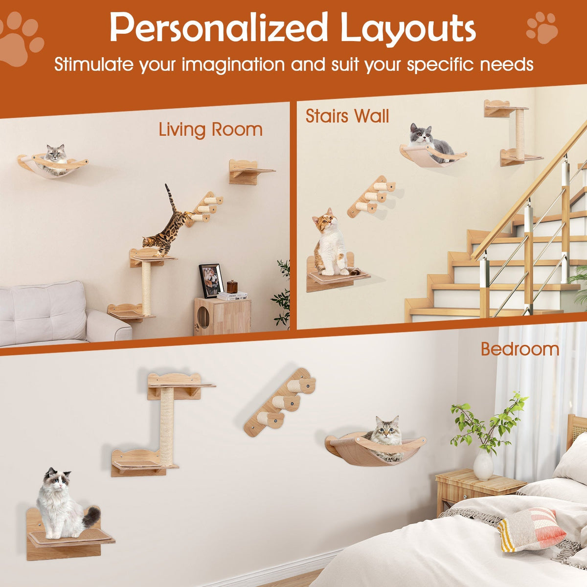Cat Wall Furniture Set of 4 with Hammock 2-step Cat Tree and Perch-Natural