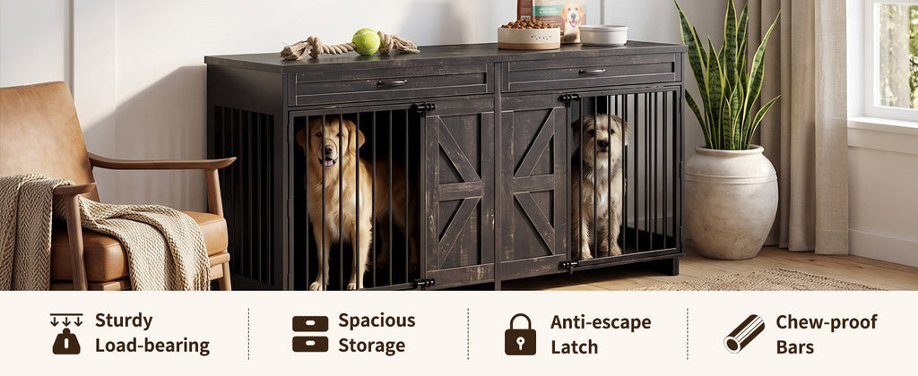 Wood & Metal Dog Crate Furniture TV Stand with Storage - Barn Door Design