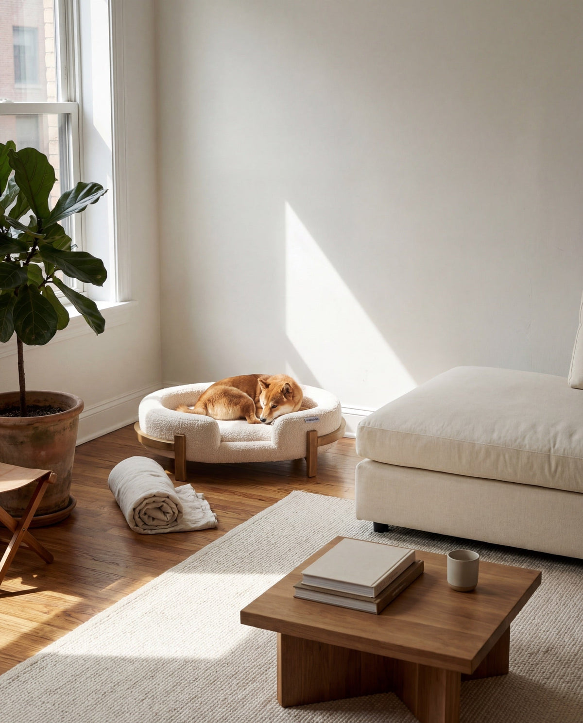 Calming Dog Bed Durable Fabric Pet Furniture with Solid Wood Frame - Neutral