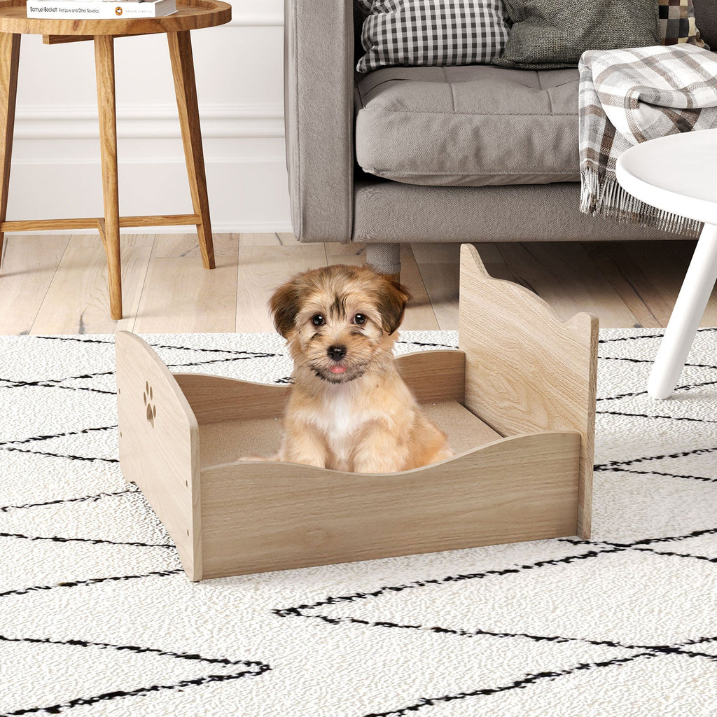 Elevated Pet Bed Frame with Rails and Cute Headboards-Walnut