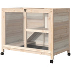 Natural Indoor Rabbit Hutch with Wheels – Wood Cage for Small Pets
