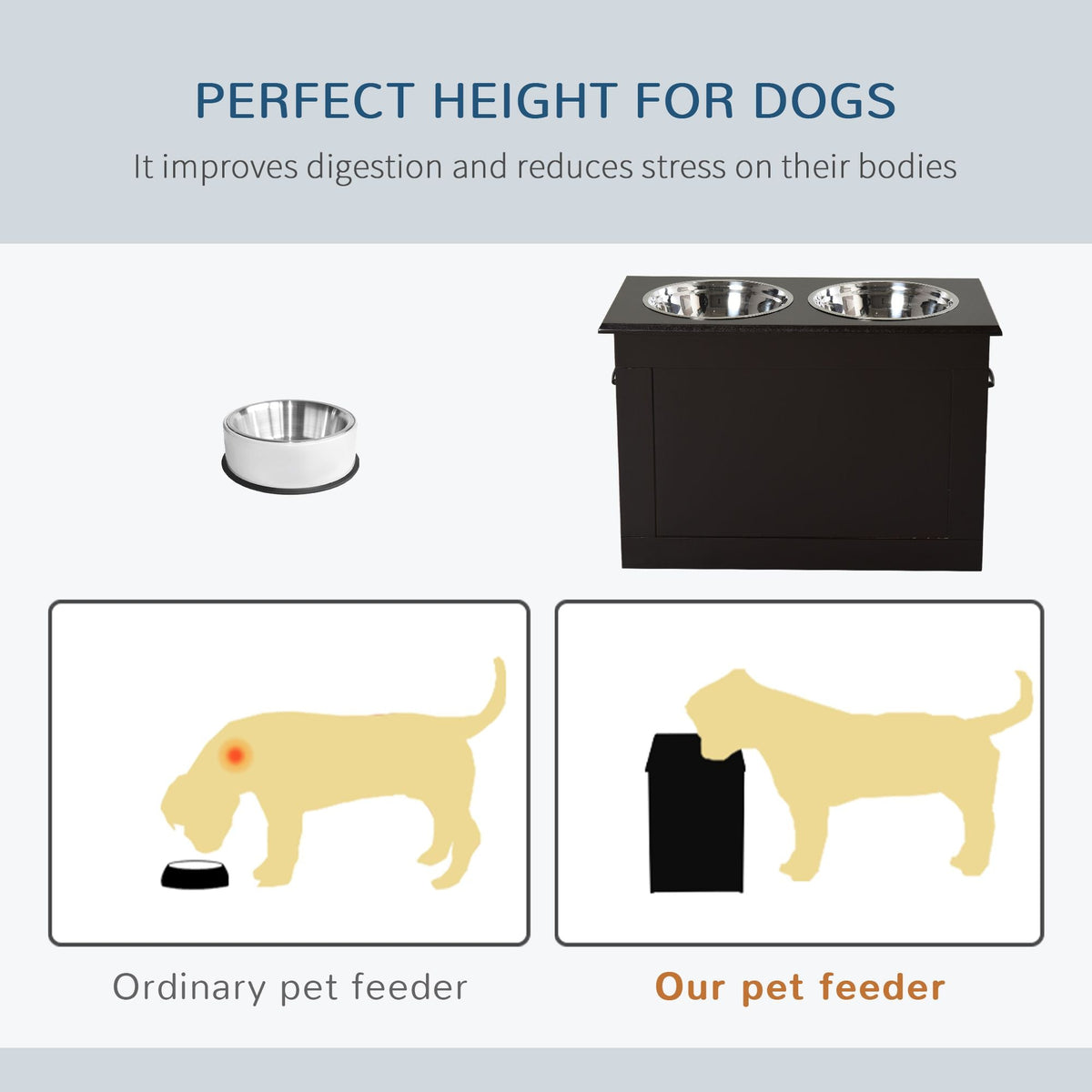 PawHut Raised Dog Feeding Station with 2 Stainless Steel Bowls Storage Large Pets Dark Brown